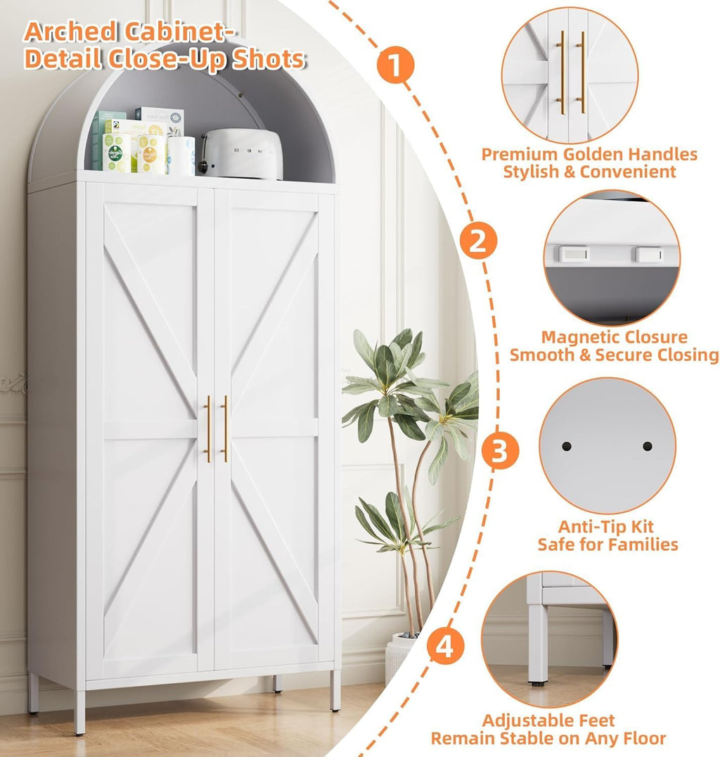 72.8" White Metal Arched Pantry Cabinet for Kitchen Storage, Tall 2-Door Cupboard with 6 Adjustable Shelves, Magnetic Closure & Anti-Tip Kit, 15.4" D x 30.7" W, Assembly Required