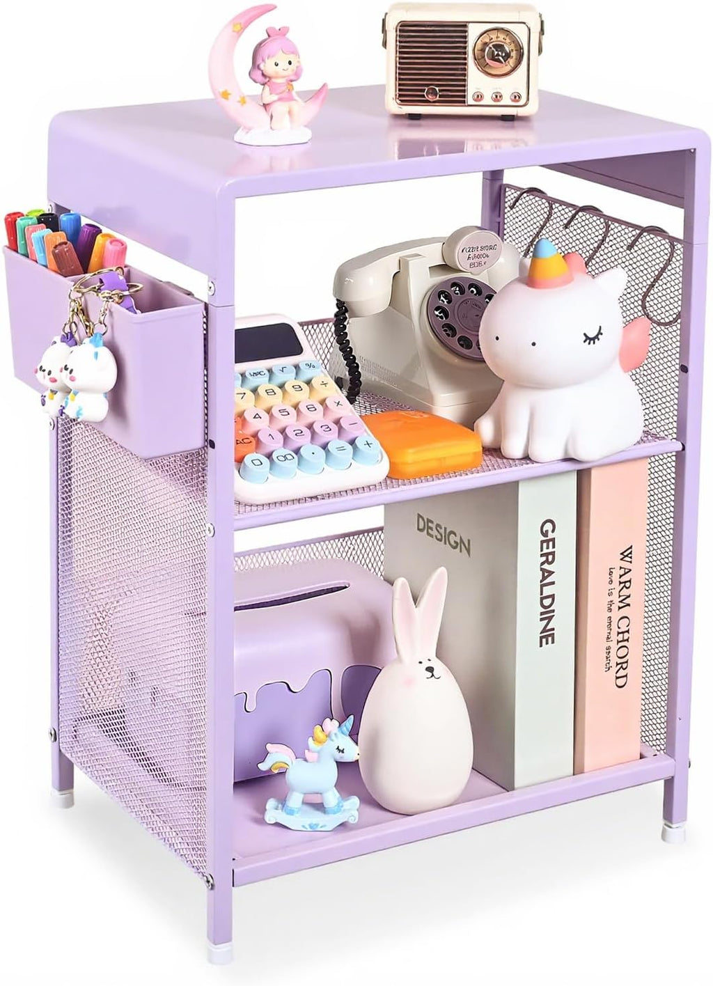 Purple Nightstand, End Table with Hooks and Holder, Kids Nightstand for Bedroom, Toddler Bedside Table, Small Desk for Girls, Coffee Table for Living Room, Dorm, Office (Purple)