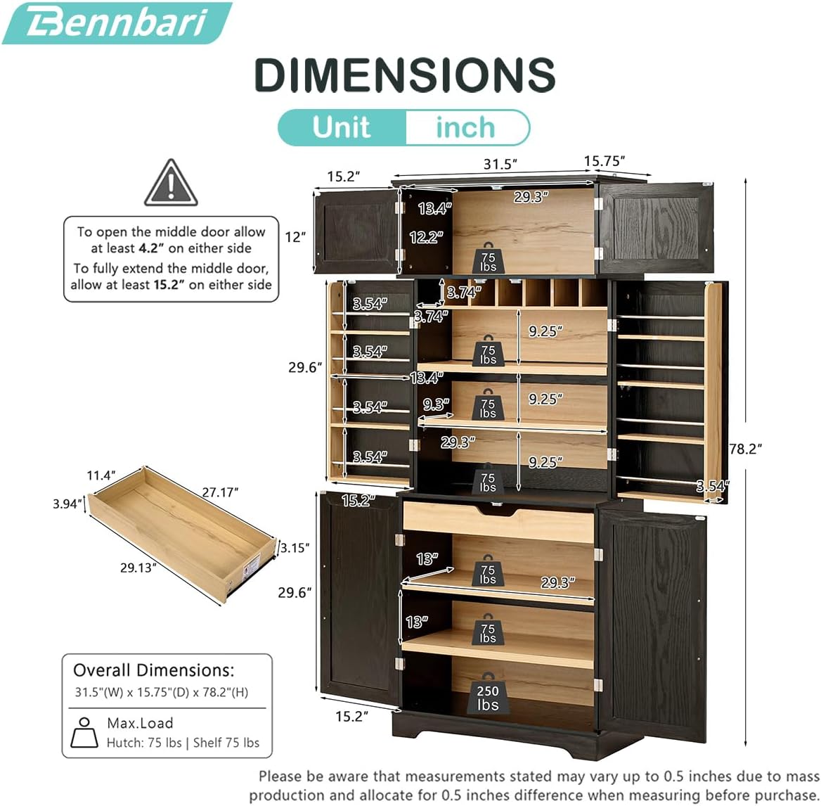 78.2" Tall Farmhouse Kitchen Pantry Cabinet with 8 Door Shelves & 4 Adjustable Shelves, Modern Storage Cabinet with Hidden Drawer & Wine Rack, Versatile Storage Cupboard for Kitchen (Black)