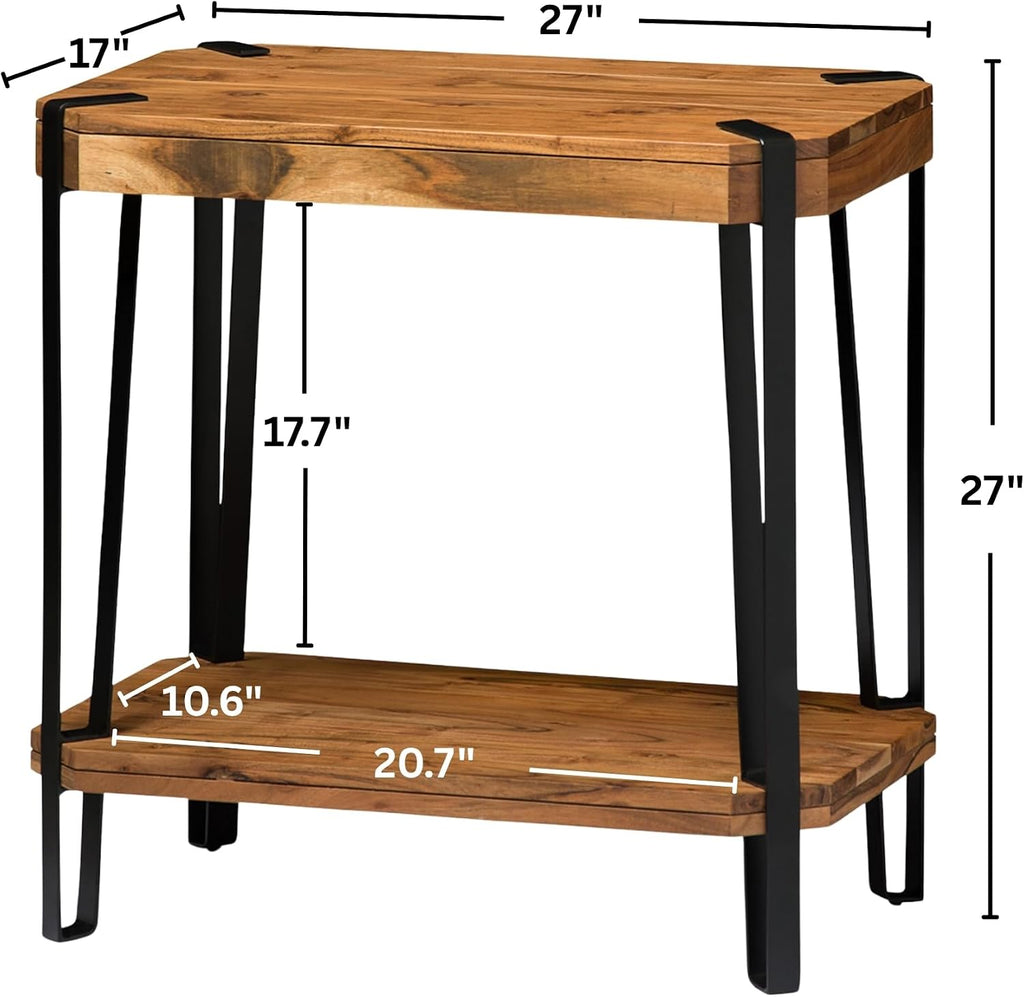 Ryegate Live Edge Modern End Tables Set of 2-2-Tier Acacia Wood Nightstands with Storage Shelf and Metal Legs - 17in Narrow Side Table Set for Living Room or Bedroom by Alaterre Furniture (Natural)