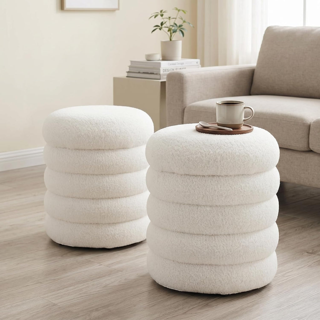 White Round Ottoman with Storage Upholstered Sherpa Foot Stool Ottoman Small Boucle Foot Rest Pouf for Living Room/Entryway, Set of 2
