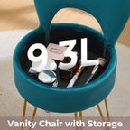 Velvet Teal Small Vanity Chair & Stool - 13" Dx13 W Folding Back Storage Ottoman, Anti-Slip Golden V-Leg for Bedroom Makeup Room