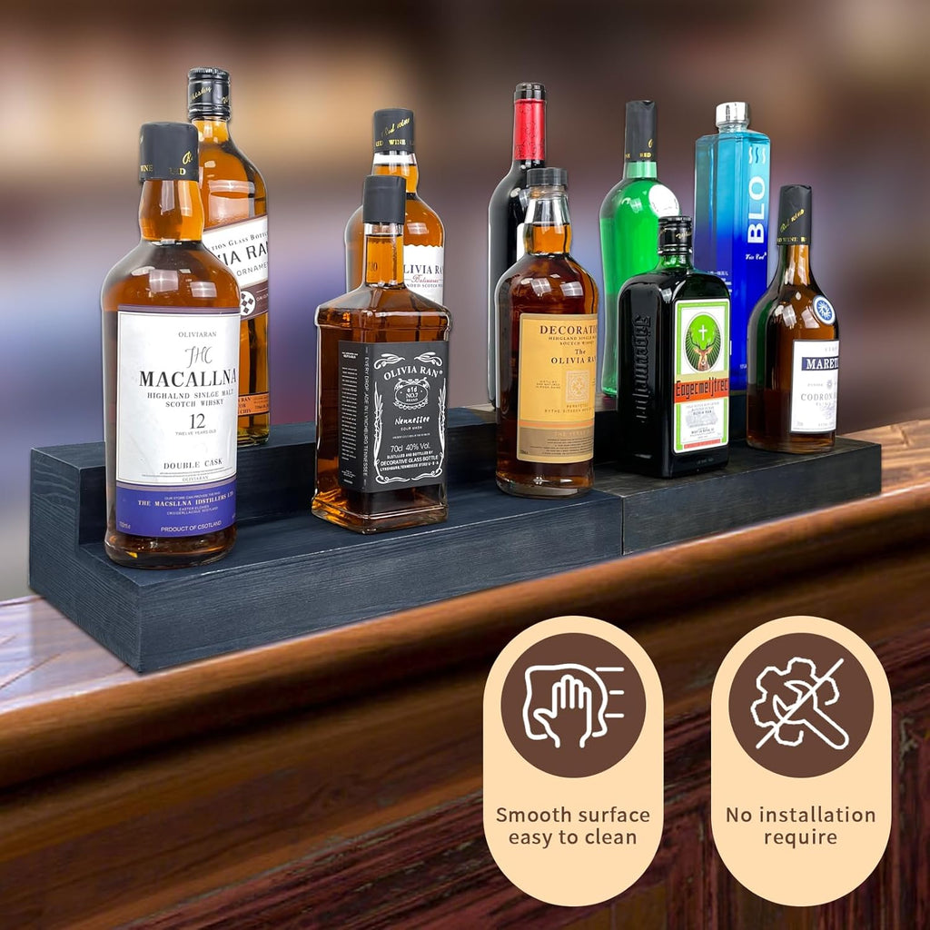TONGMO 2 Pack Liquor Bottle Stand - 16 Inch 2 Tier Liquor Bar Bottle Display Shelf, Holds 16 Bottles, Solid Wood, No Installation Required (Black)