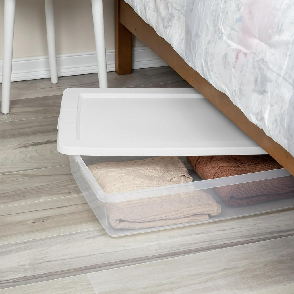 (2-Pack) 41 Quart Clear Plastic Underbed Storage Bin with Snap-On Lid Medium Rectangle Container for Home Organization, White