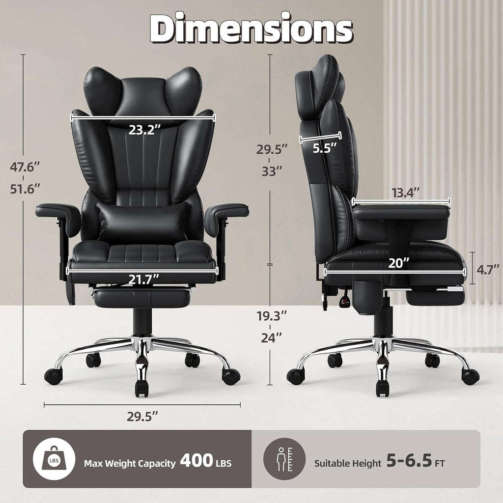 6 Points Massage Office Chair with Foot Rest - 400LBS Executive Office Chair with Adjustable Headrest, Armrest and Lumbar Pillow, Comfortable Leather Desk Chair for Home Office, Black