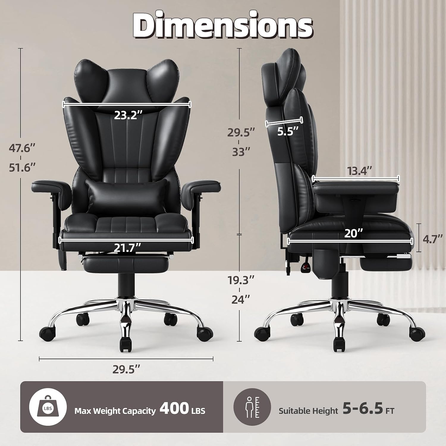 6 Points Massage Office Chair with Foot Rest - 400LBS Executive Office Chair with Adjustable Headrest, Armrest and Lumbar Pillow, Comfortable Leather Desk Chair for Home Office, Black