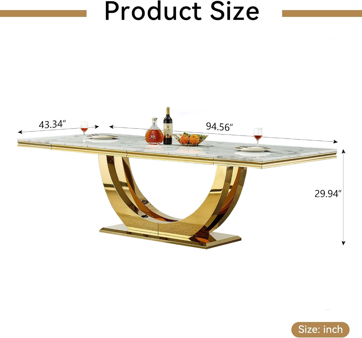Henf 95 Inch White Faux Marble Dining Room Table for 4 6 8 10, Modern Gold Kitchen Table with U-Shape Stainless Steel Pedestal, Luxury Large Rectangle Dinner Tables for Kitchen, Dining Room