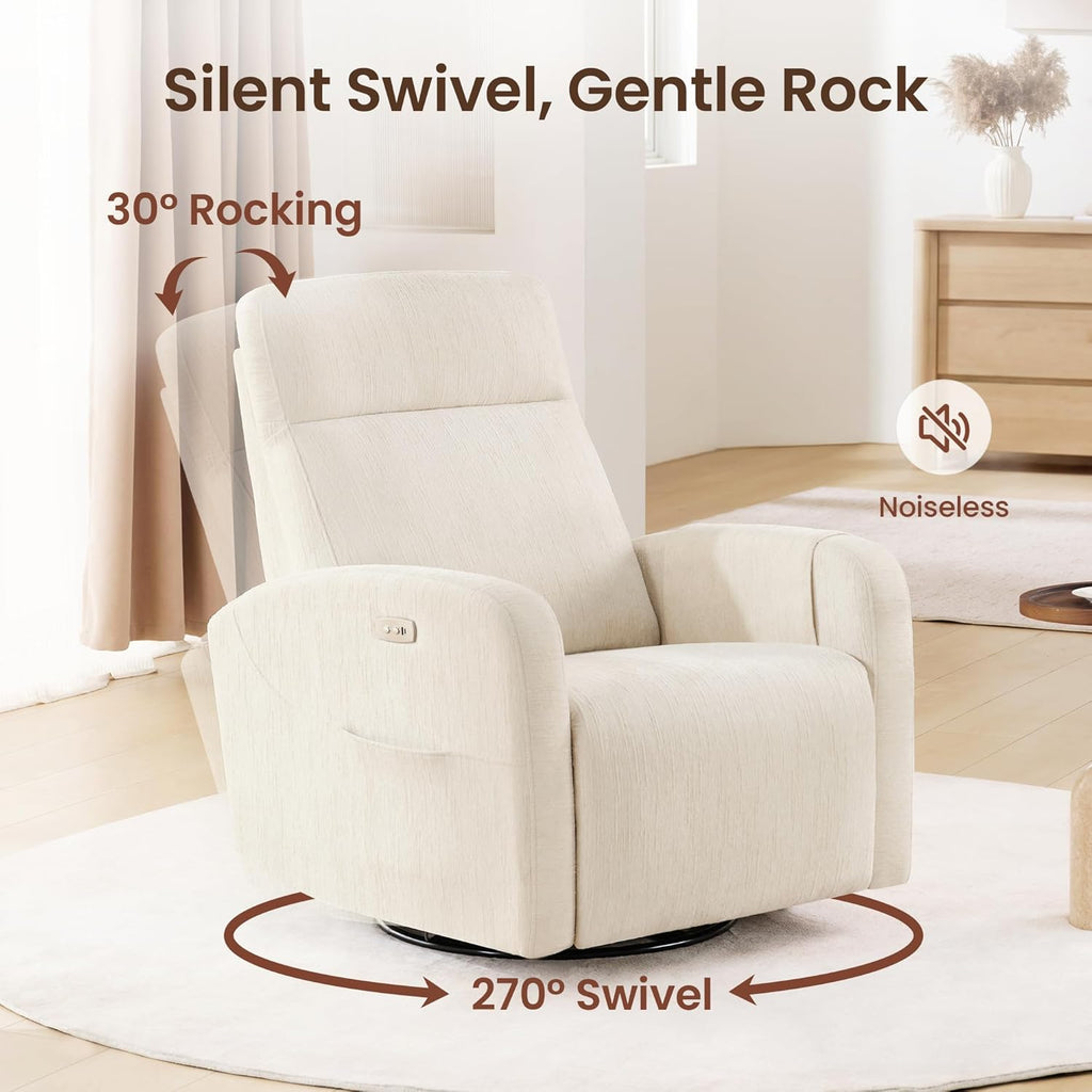 Power Recliner Chair Swivel Glider, Swivel Nursery Glider Recliner, Nursery Rocking Chair with Adjustable Headrest, Nursery Glider Recliner with USB & Type-C Charging Ports, OEKO-TEX Fabric, Beige