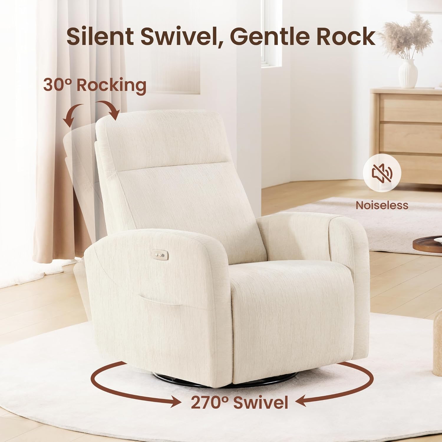 Power Recliner Chair Swivel Glider, Swivel Nursery Glider Recliner, Nursery Rocking Chair with Adjustable Headrest, Nursery Glider Recliner with USB & Type-C Charging Ports, OEKO-TEX Fabric, Beige
