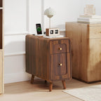Narrow Side Table, Wood Night Stand with Charging Station, Farmhouse Sofa End Table with Drawer & Storage Cabinet, Slim Nightstand for Small Spaces Living Room Bedroom Office
