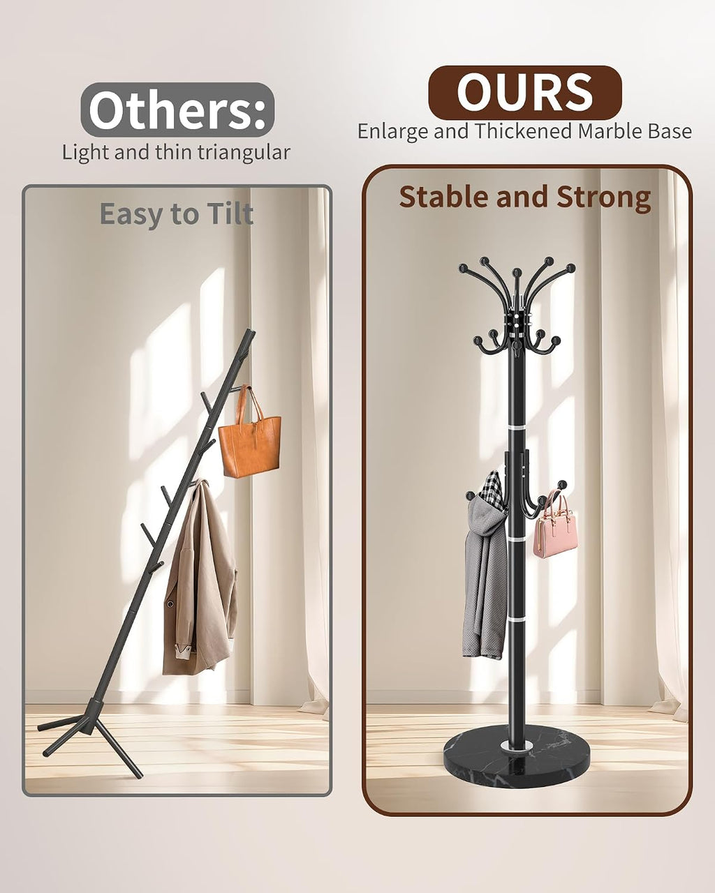 Snaikor Metal Coat Rack Stand with Natural Marble Base, Modern Coat Rack Freestanding, 360°Rotary Coat Racks with 14 Hooks, Black Coat Stand Hall Tree Hanger Stand for Entryway, Office，Corner