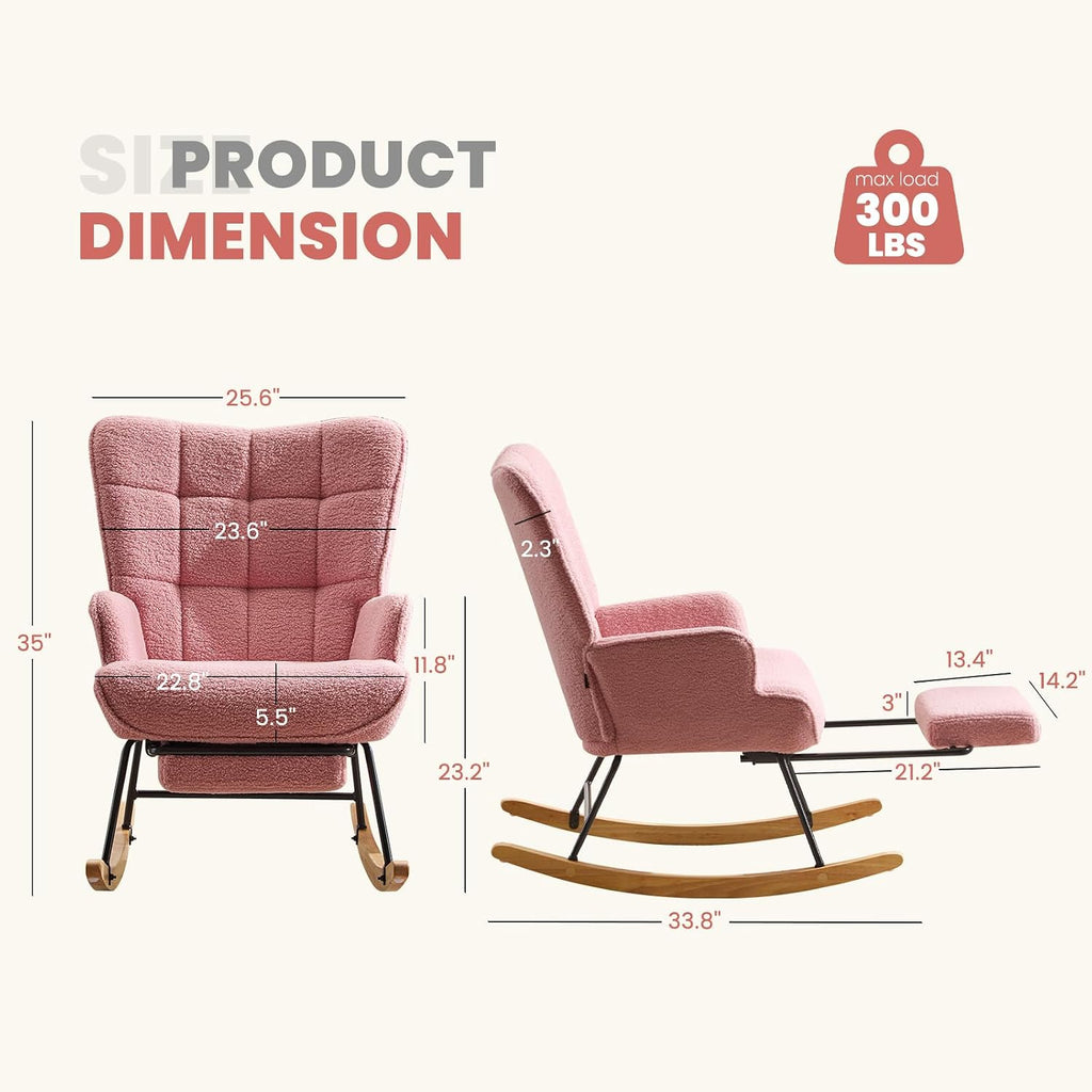 Furniliving Nursery Rocking Chair Armchair Upholstered Glider Rocking Chair Accent Chair with Retractable Footrest Reading Chair with High Backrest Solid Wood Base for Bedroom, Pink, Teddy, 2PCS
