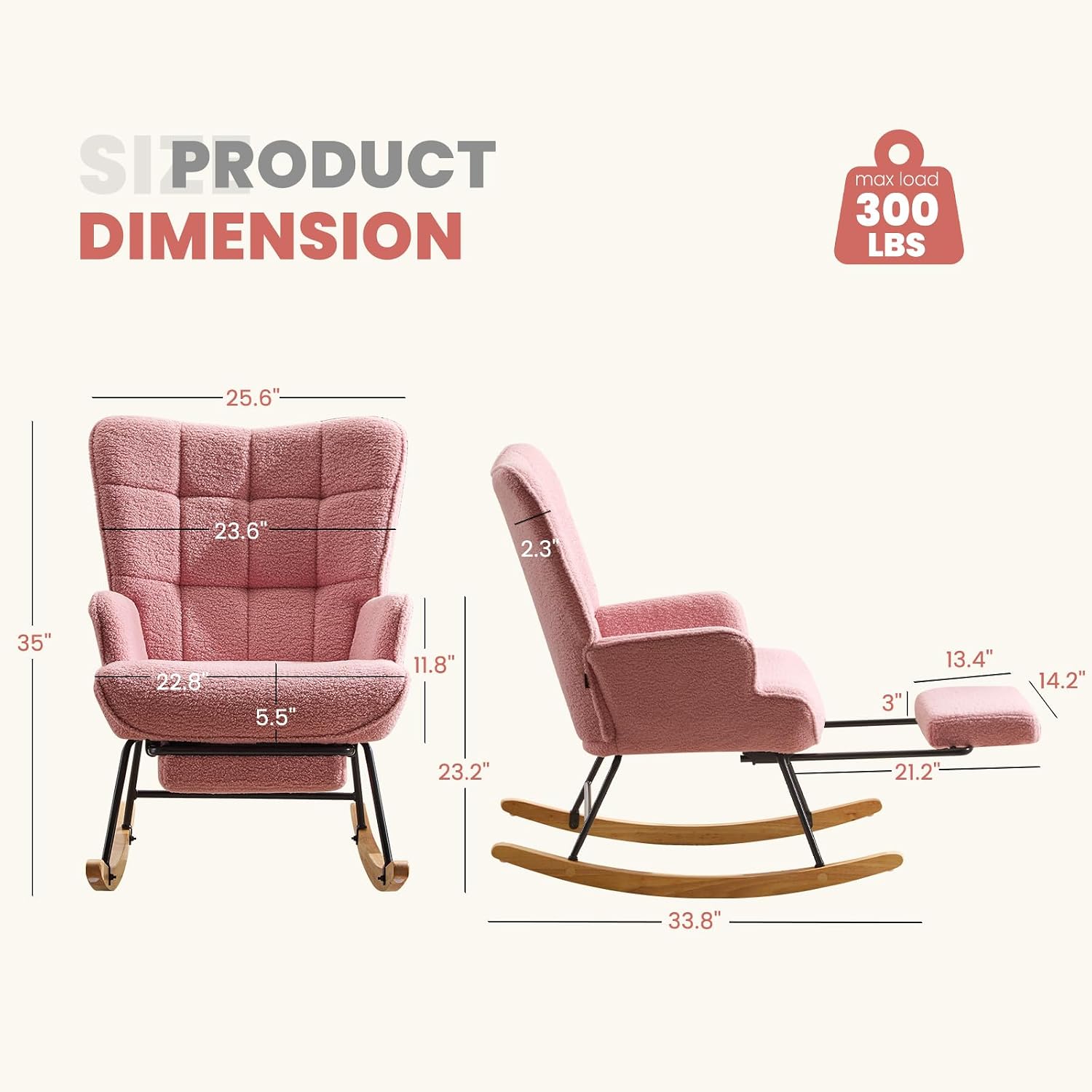 Furniliving Nursery Rocking Chair Armchair Upholstered Glider Rocking Chair Accent Chair with Retractable Footrest Reading Chair with High Backrest Solid Wood Base for Bedroom, Pink, Teddy, 2PCS