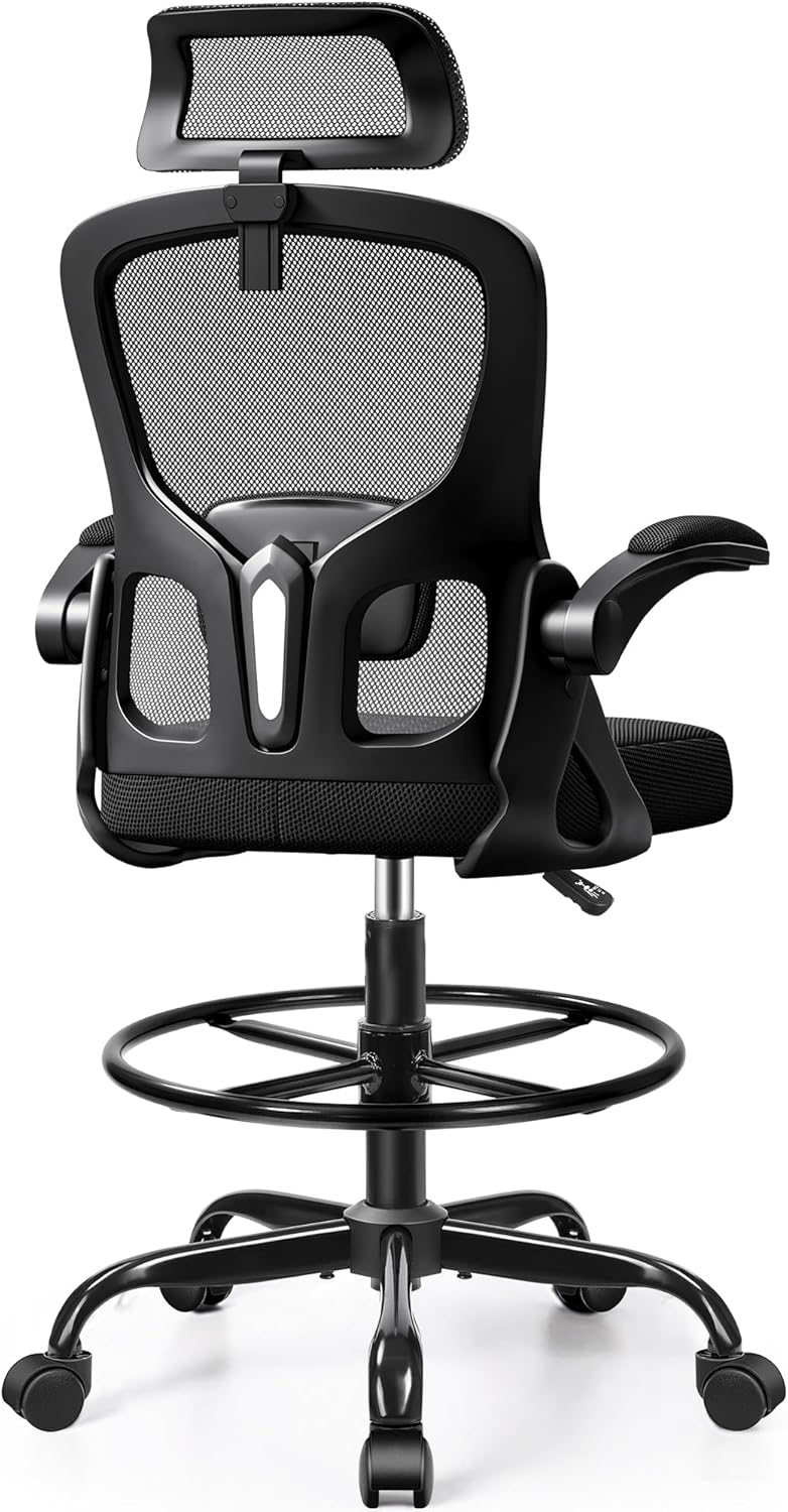 Drafting Chair, Tall Office Chair for Standing Desk, Ergonomic High Back with Headrest, Lumbar Support, Foot Ring and Flip-up Armrests, Black