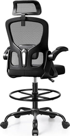 Drafting Chair, Tall Office Chair for Standing Desk, Ergonomic High Back with Headrest, Lumbar Support, Foot Ring and Flip-up Armrests, Black