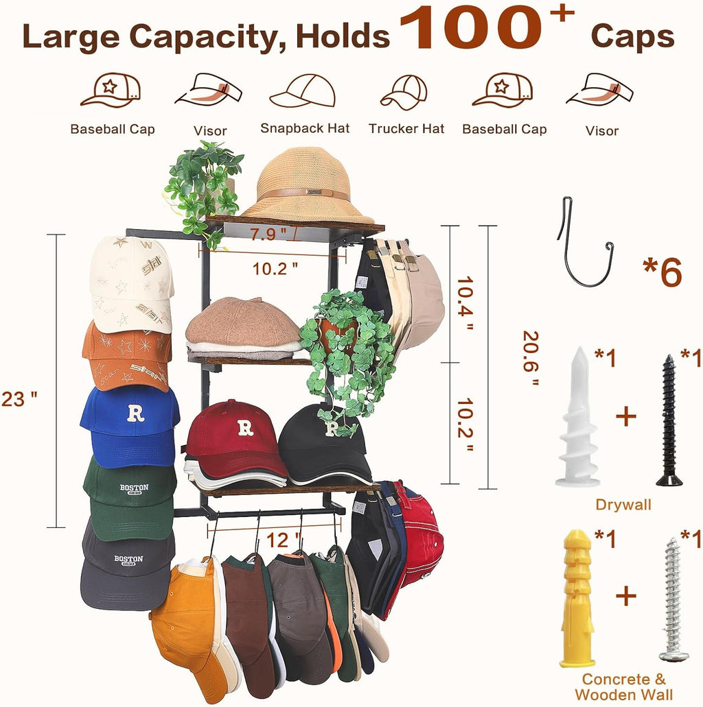 Keebofly Hat Rack for Wall with Shelf for Handbags, Purse,Bennies, Perfumes & Cosmetics Display, Hat Holder Storage for 100+ Caps, Baseball Cap Organizer & Beanie Holder for Closet, Entryway, Bedroom