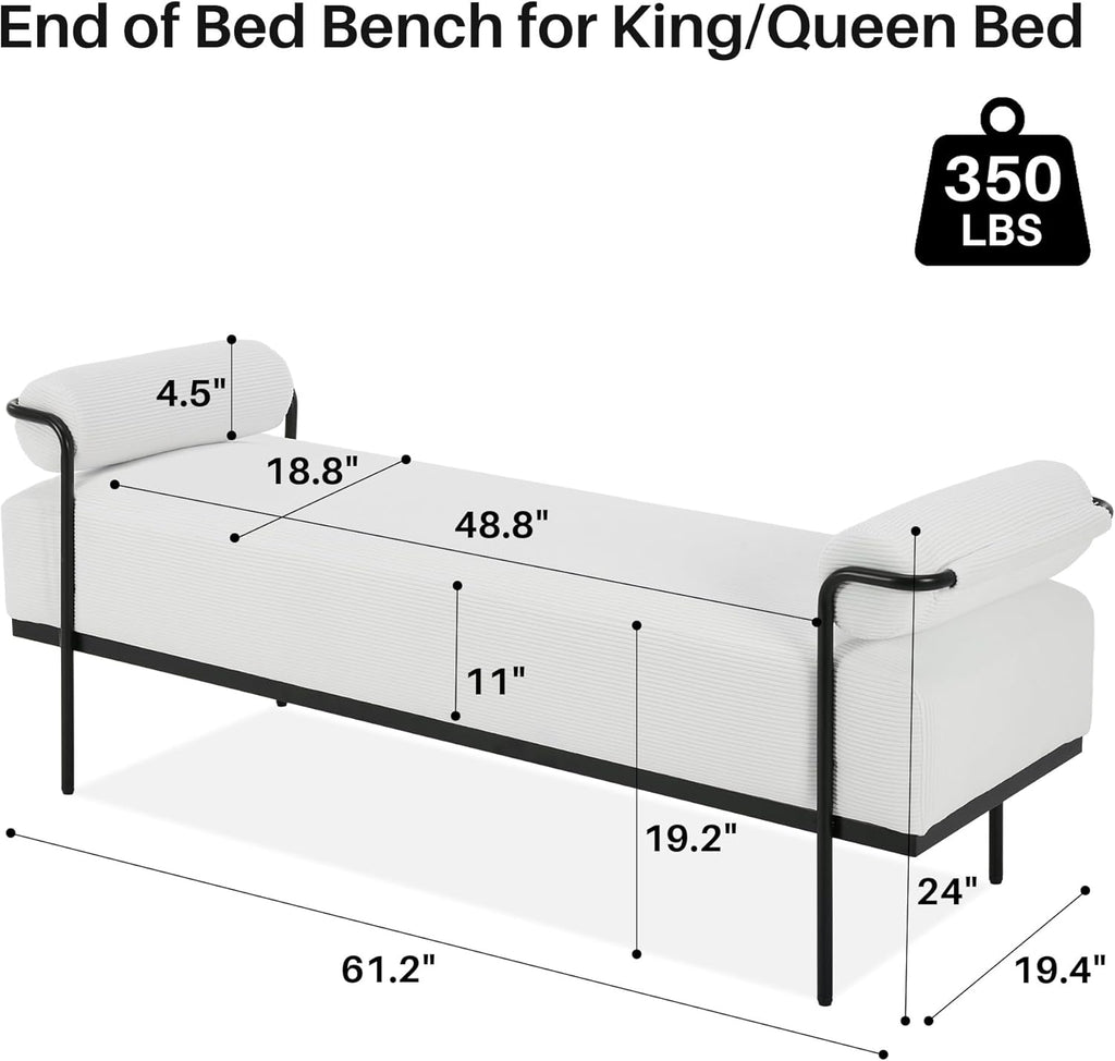 SOFTHION Entryway Bench End of Bed Bench 61.2",Modern Upholstered Bench Ottoman,Corduroy Paded Footrest Stool with Metal Legs for Living Room, Foyer Mudroom Hallway,White