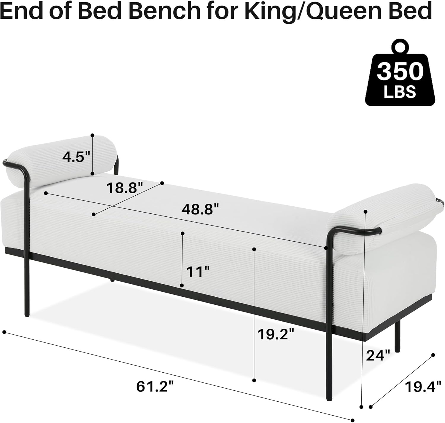 SOFTHION Entryway Bench End of Bed Bench 61.2",Modern Upholstered Bench Ottoman,Corduroy Paded Footrest Stool with Metal Legs for Living Room, Foyer Mudroom Hallway,White