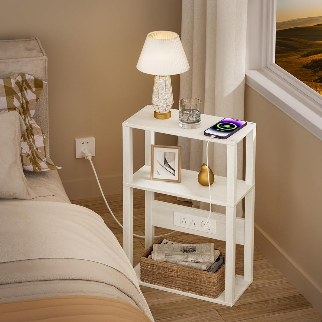 YUFAM 3-Tier Small Narrow Wood Side Table with Charging Station, Skinny Nightstand for Small Space, Slim Bedside Table with Storage for Couch, Thin End Table with USB Ports and Outlets, Grey White