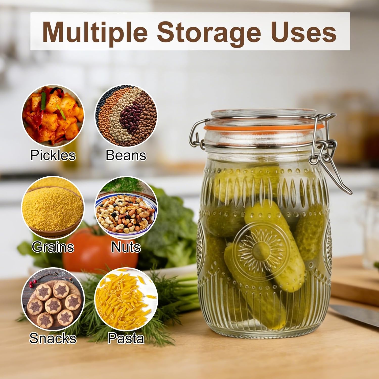 32oz Mason Jars with Airtight Lids, 6 Pack Wide Mouth Canning Jars with Clamp Lid, Quart Glass Canisters for Kitchen Storage, Pickling, Coffee, Cereal, Sugar, Flour, Beans