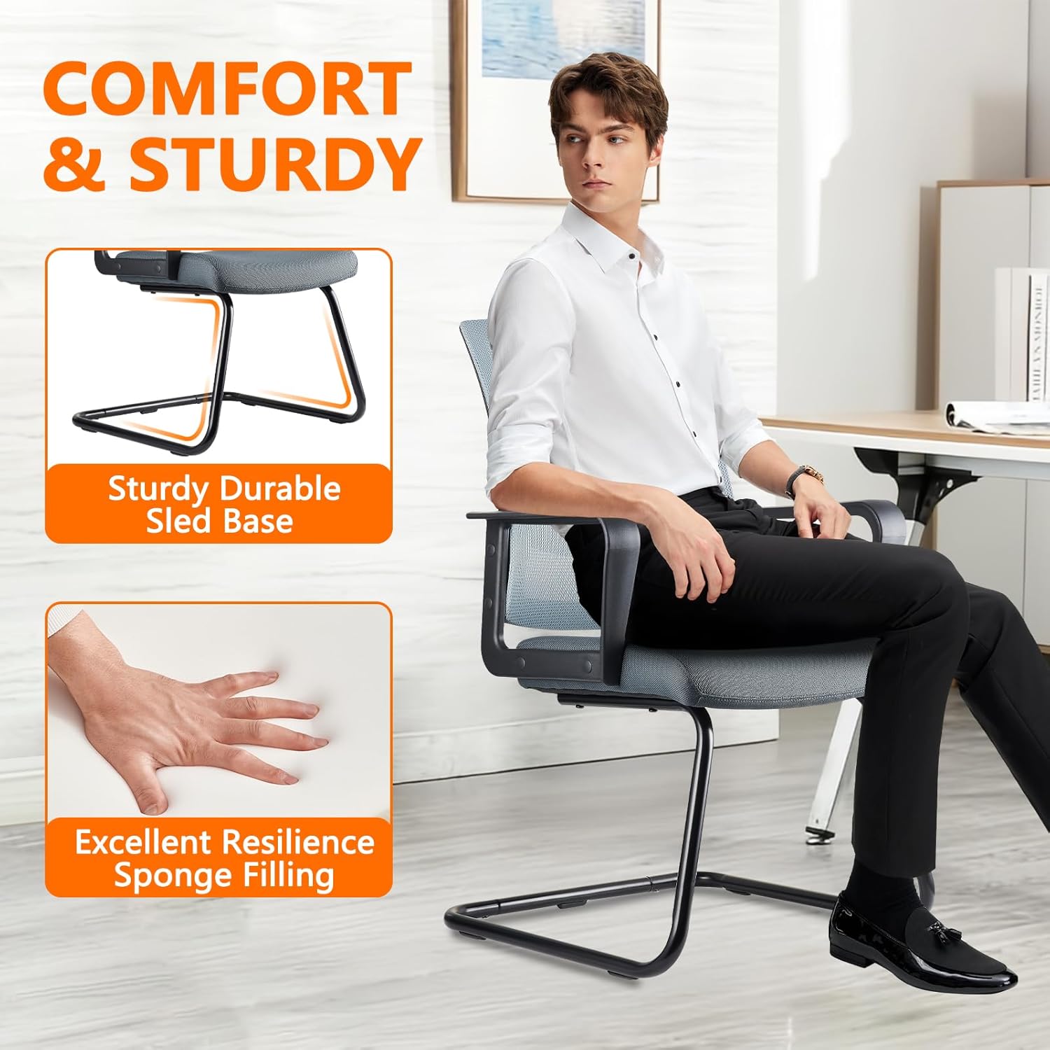 CLATINA Office Guest Chair with Adjustable Lumbar Support and Mesh Back Computer Chairs with Sled Base Desk Chair no Wheels for Reception Conference Room Waiting Guest Study Room Gray 1PK