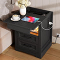 RALGEND Farmhouse Nightstand with Gun Drawer, Bedside Table with Charging Station and LED Light, Night Stand with 3 Drawers, End Table for Bedroom, Living Room, Black