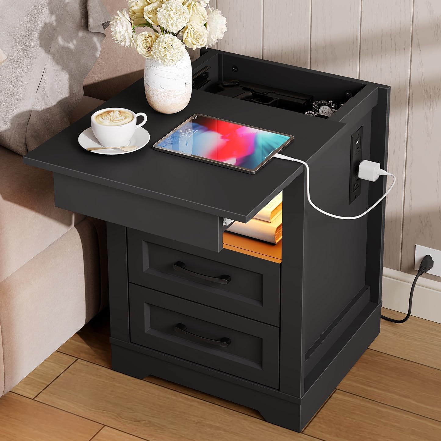 RALGEND Farmhouse Nightstand with Gun Drawer, Bedside Table with Charging Station and LED Light, Night Stand with 3 Drawers, End Table for Bedroom, Living Room, Black