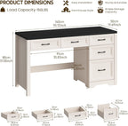 Vabches 55 Inch Farmhouse Desk with 5 Drawers, Large Home Office Computer Desk with Adjustable File Drawer, Executive Workstation with Storage for Study Writing Work, Black
