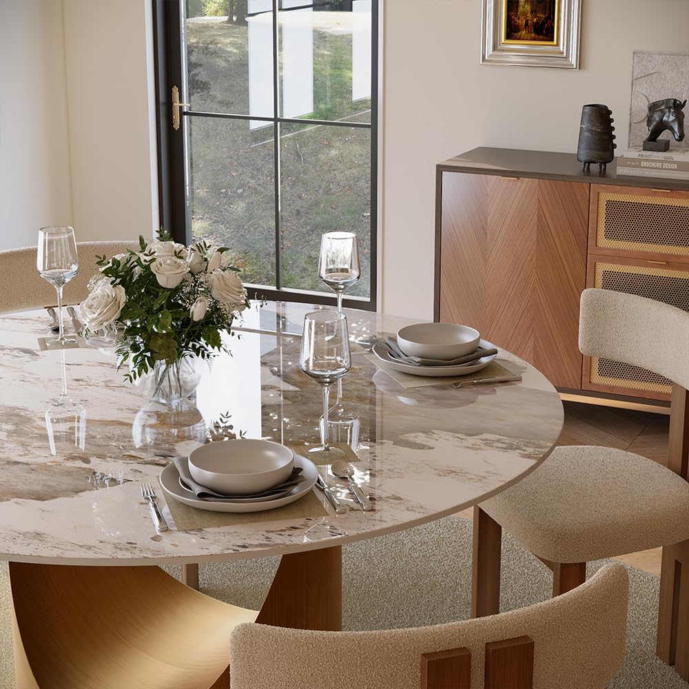 POVISON Round Pandora Dining Table for 4, 47" Sintered Stone Tabletop Dining Table with Bronze Carbon Steel Pedestal (Table Only)