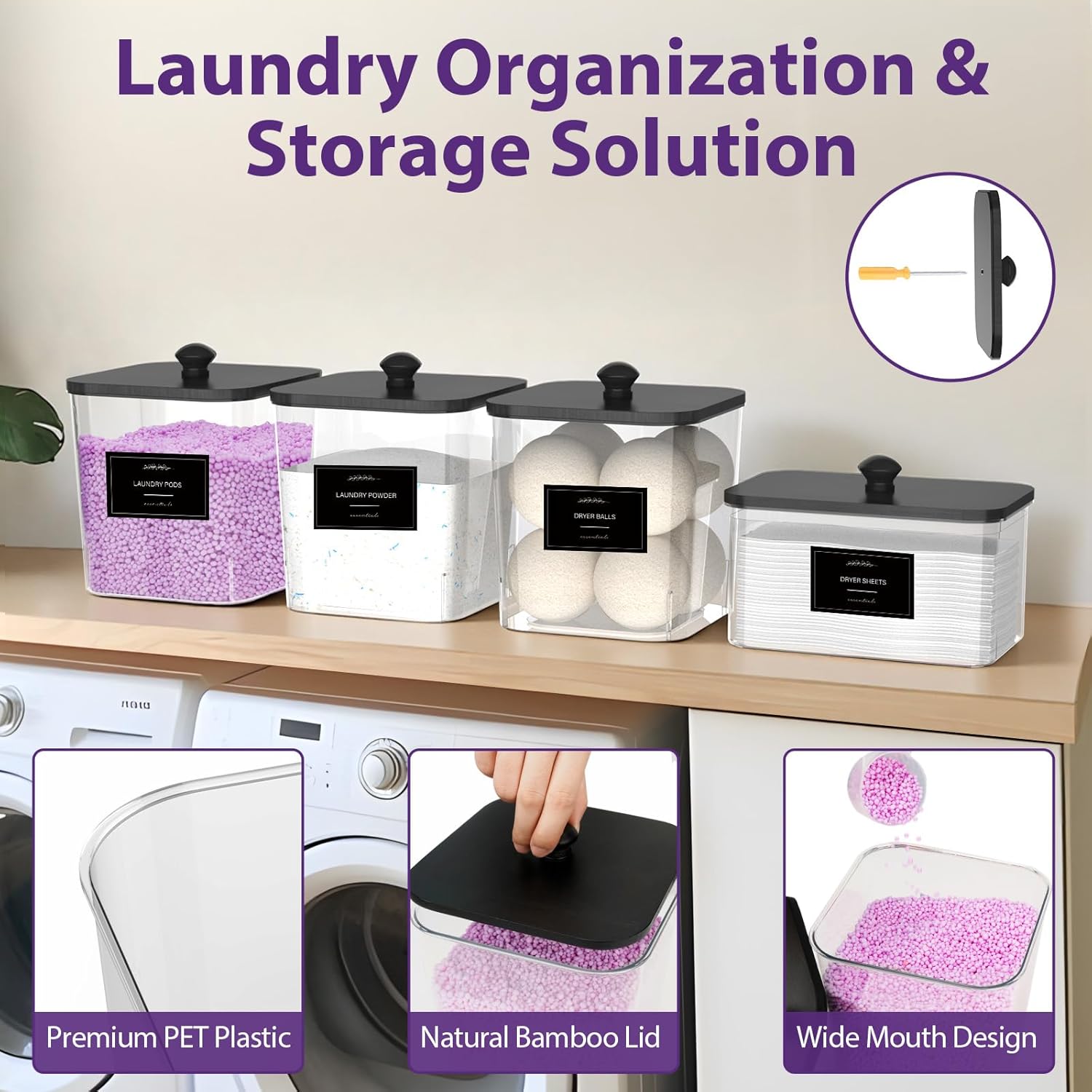 COAZEX 3+1 Pack Clear Laundry Pods Container & Dryer Sheet Holder, Plastic Square Laundry Room Organization and Storage Jars with Black Lids, Scoops & Labels for Detergent, Powder, Dryer Balls