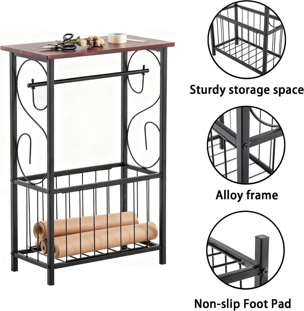 PARISLOFT Bathroom Narrow Side Table Organizer,Toilet Paper Holder Stand with Roll Dispenser & Magazine Rack, Metal Frame with Wood Top for Bathroom Organization, Coffee Color