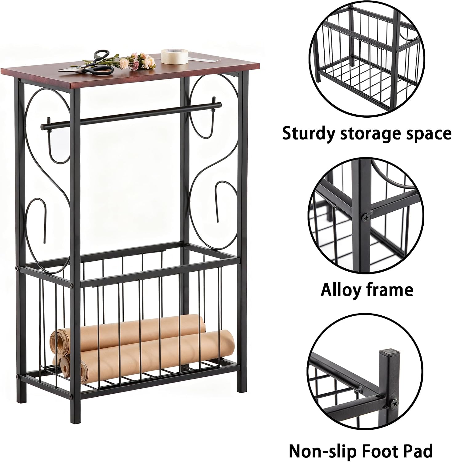PARISLOFT Bathroom Narrow Side Table Organizer,Toilet Paper Holder Stand with Roll Dispenser & Magazine Rack, Metal Frame with Wood Top for Bathroom Organization, Coffee Color