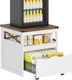 YATINEY Mini Fridge Stand with Storage, Refrigerator Stand with Mobile Drawer, Mini Fridge Cabinet for Heavy Microwave Stand, Mini Fridge Cart for Dorm, Bedroom, Kitchen,White and Walnut HB50WH