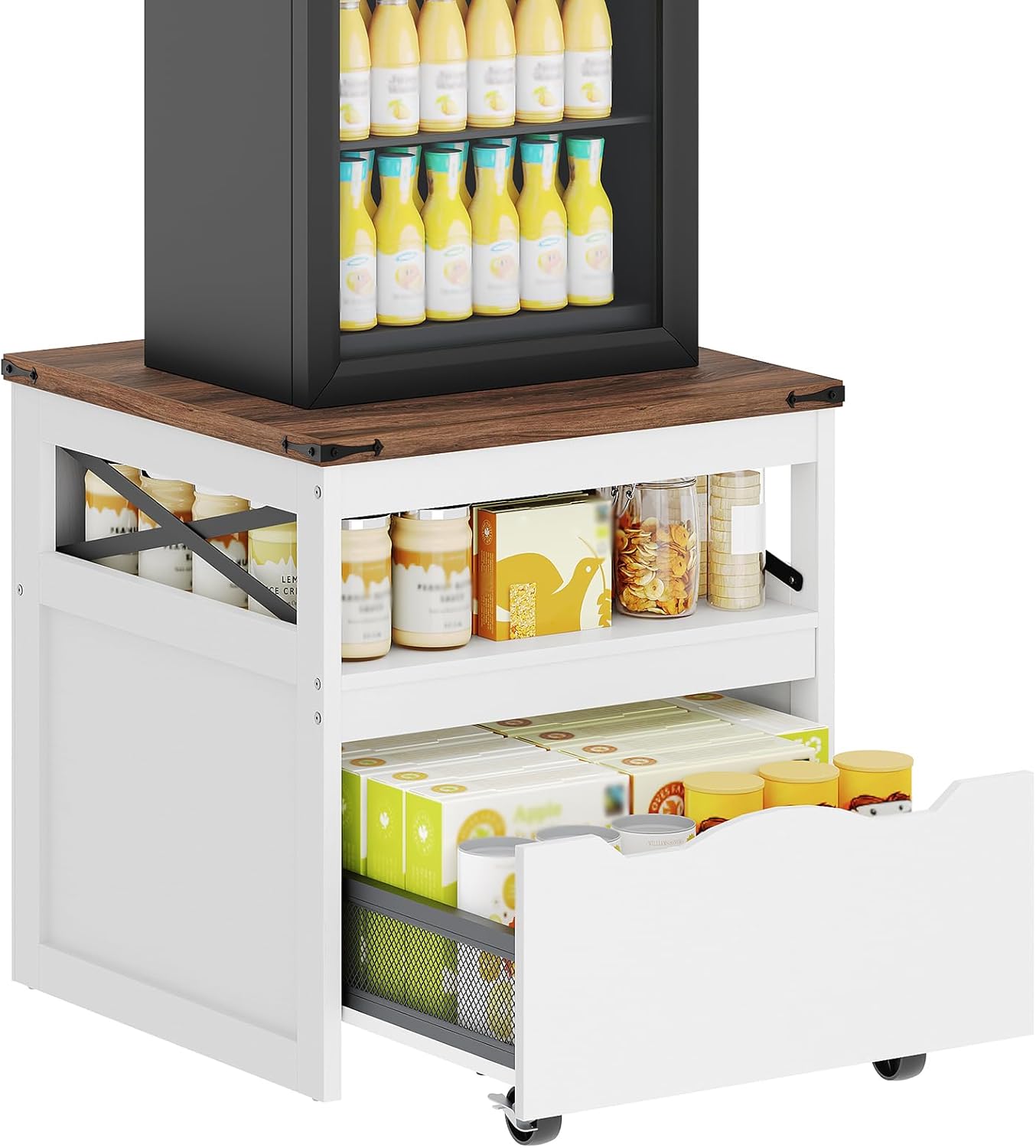 YATINEY Mini Fridge Stand with Storage, Refrigerator Stand with Mobile Drawer, Mini Fridge Cabinet for Heavy Microwave Stand, Mini Fridge Cart for Dorm, Bedroom, Kitchen,White and Walnut HB50WH