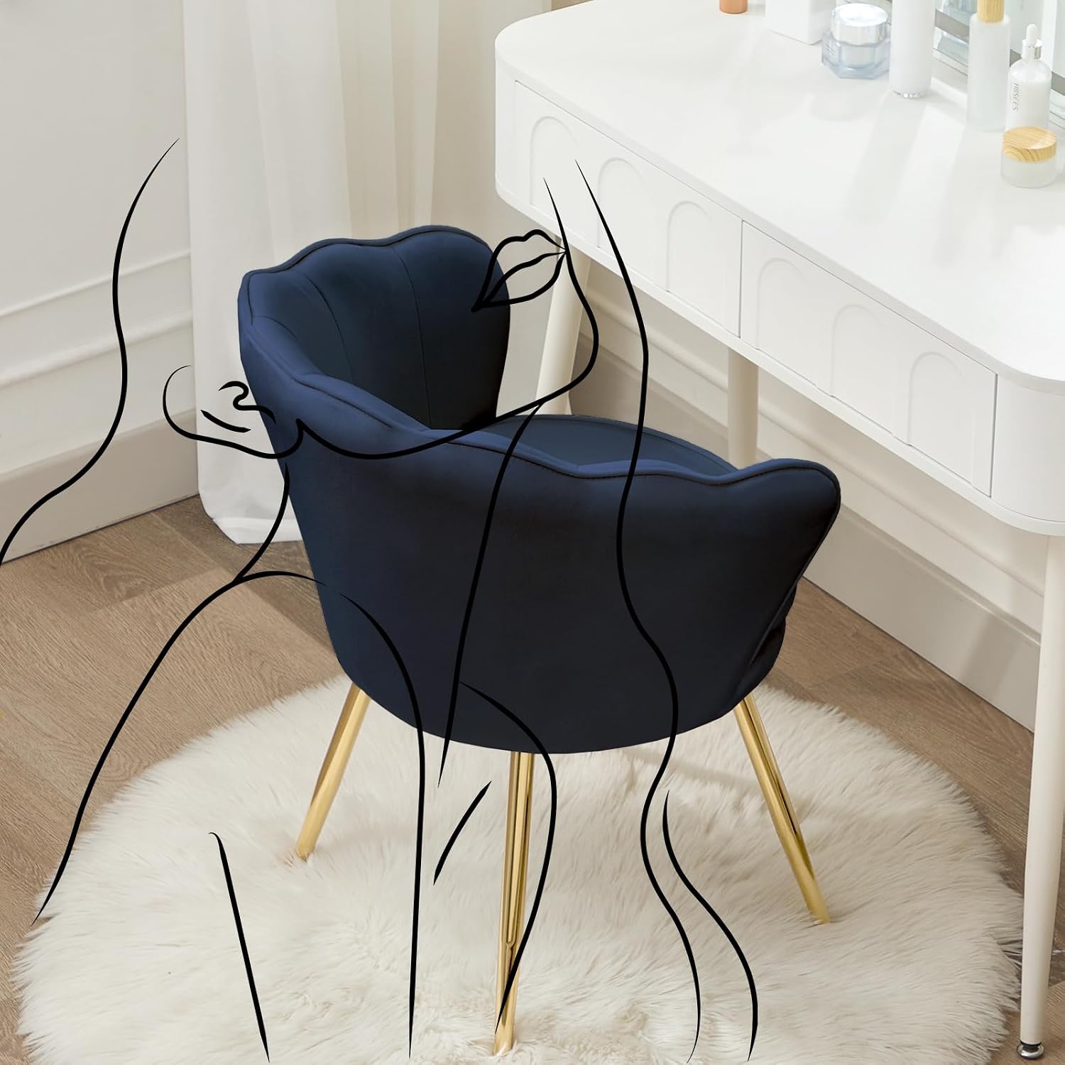 Czlolo Accent Chairs Set of 2, Velvet Vanity Chair with Back, Mid-Century Modern Small Accent Chair for Living Room, Golden Metal Legs Upholstered Makeup Chair, Bedroom Armchair, Dark Blue