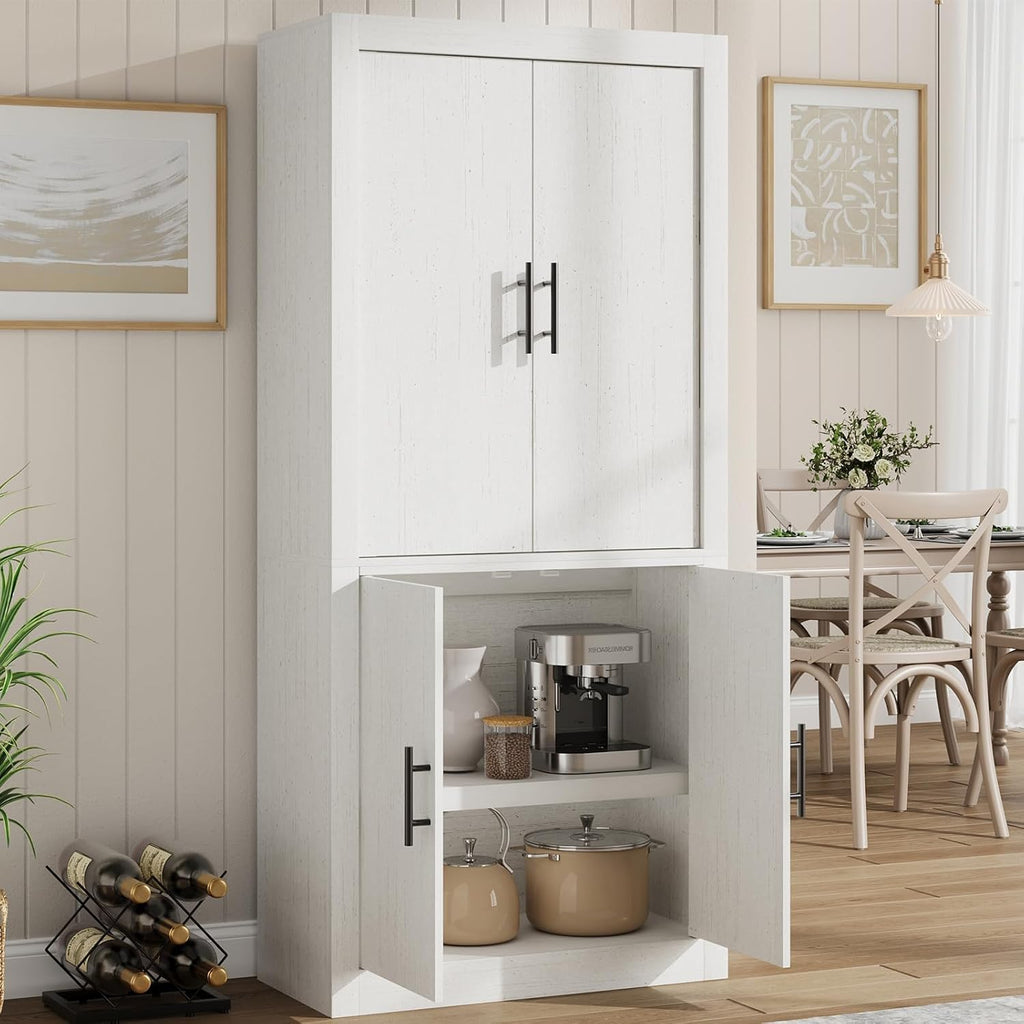 GarveeHome Kitchen Storage Pantry, Pantry Storage Cabinet with 4 Doors & Adjustable Shelves, Freestanding Farmhouse Pantry Cupboard & Magnetic Door for Dining & Living Room, Retro White
