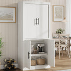 GarveeHome Kitchen Storage Pantry, Pantry Storage Cabinet with 4 Doors & Adjustable Shelves, Freestanding Farmhouse Pantry Cupboard & Magnetic Door for Dining & Living Room, Retro White
