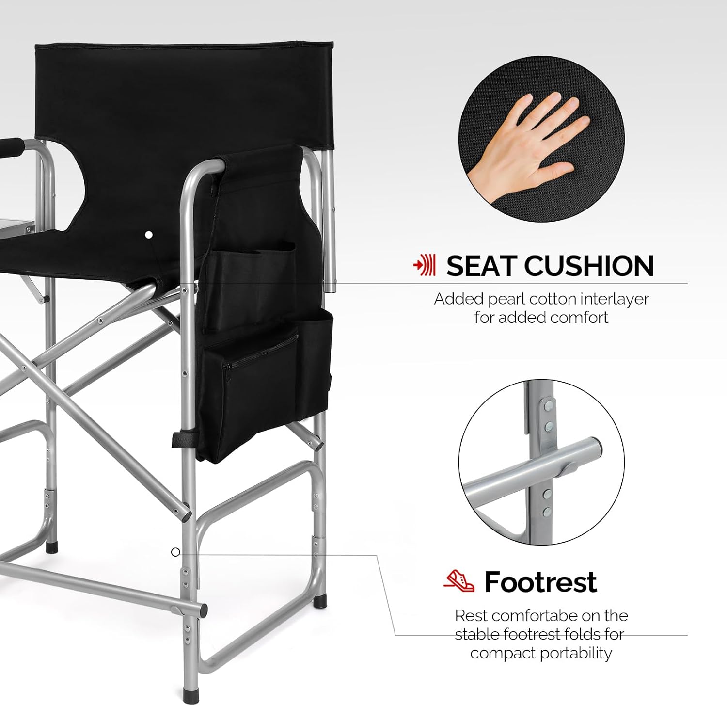 mefeir 26" Tall Folding Directors Chair with Side Table,Portable Makeup Artist Bar Height, Steel Frame 300 lbs Capacity, 19.2" D x 23.6" W x 40.5" H