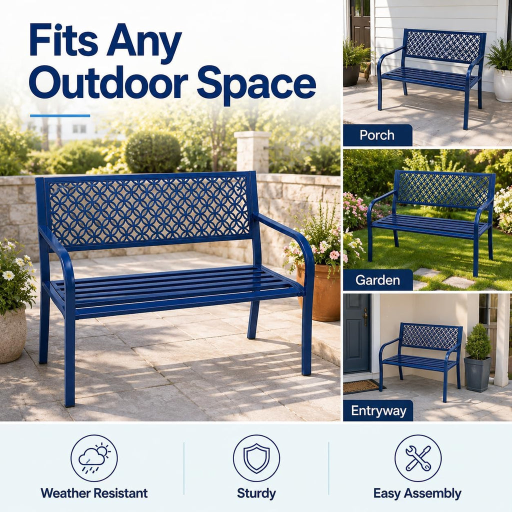 Heavy Duty Blue Steel Patio Garden Bench for 2 – 50" Wide, 790 lbs Capacity – Weather Resistant – Geometric Backrest & Slatted Seat – Porch, Deck, Entryway – Blue
