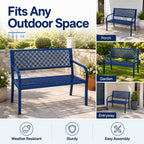 Heavy Duty Blue Steel Patio Garden Bench for 2 – 50" Wide, 790 lbs Capacity – Weather Resistant – Geometric Backrest & Slatted Seat – Porch, Deck, Entryway – Blue