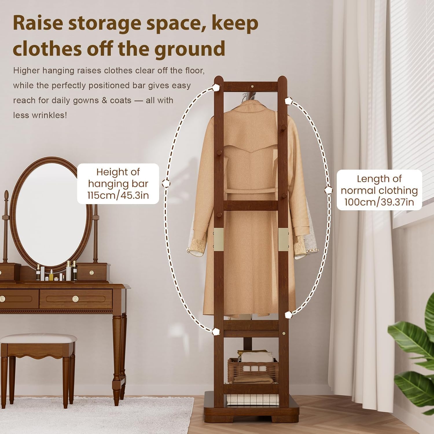 Freestanding Coat Rack Solid Wood with 2 Shelves & 5 Hooks, Heavy Duty Hall Tree for Hanging Clothes, Hats & Accessories – Hallway Bedroom Storage