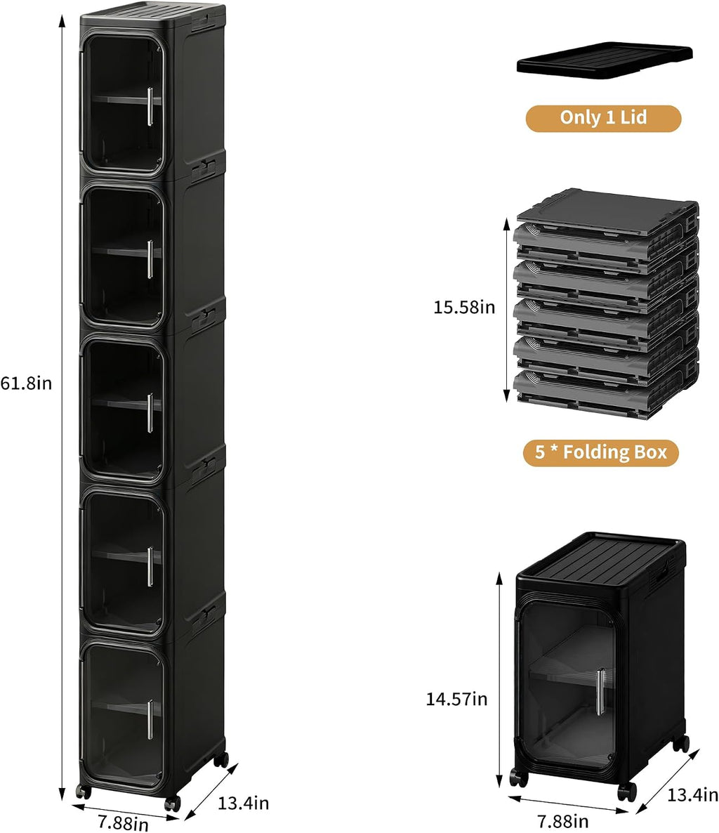5-Tier Tall Narrow Slim Bathroom Storage Cabinet, Black | Tool Free Assembly, Adjustable shelves, Fits for Narrow Spaces, Lockable Wheels, Magnetic Clear Door