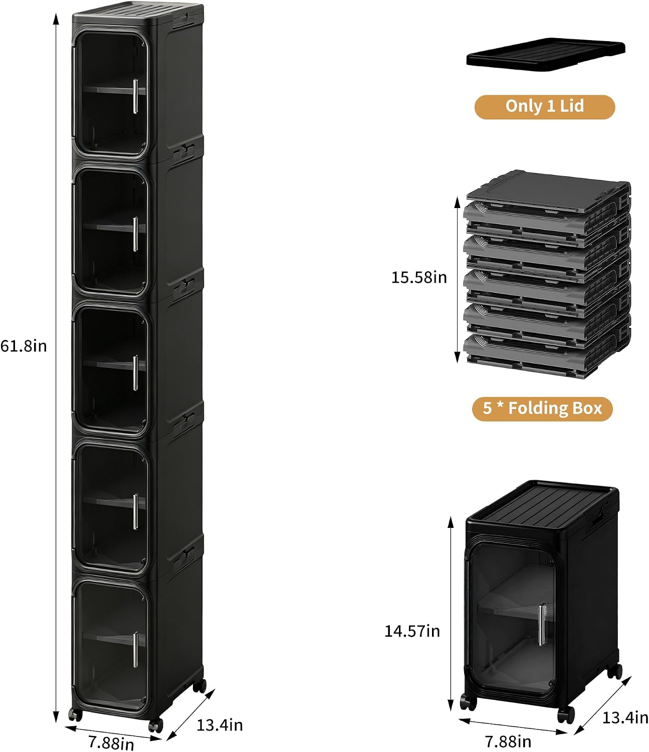 5-Tier Tall Narrow Slim Bathroom Storage Cabinet, Black | Tool Free Assembly, Adjustable shelves, Fits for Narrow Spaces, Lockable Wheels, Magnetic Clear Door
