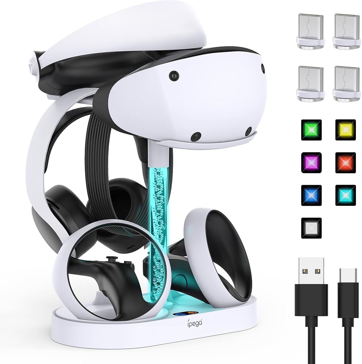 FASTSNAIL Charging Stand for PlayStation VR2, Multifunctional PS VR2 Headset & Sense Controllers Charge Dock Station with 10 RGB Light Modes of Memory, Storage Base Gaming Accessories for PS5 VR2