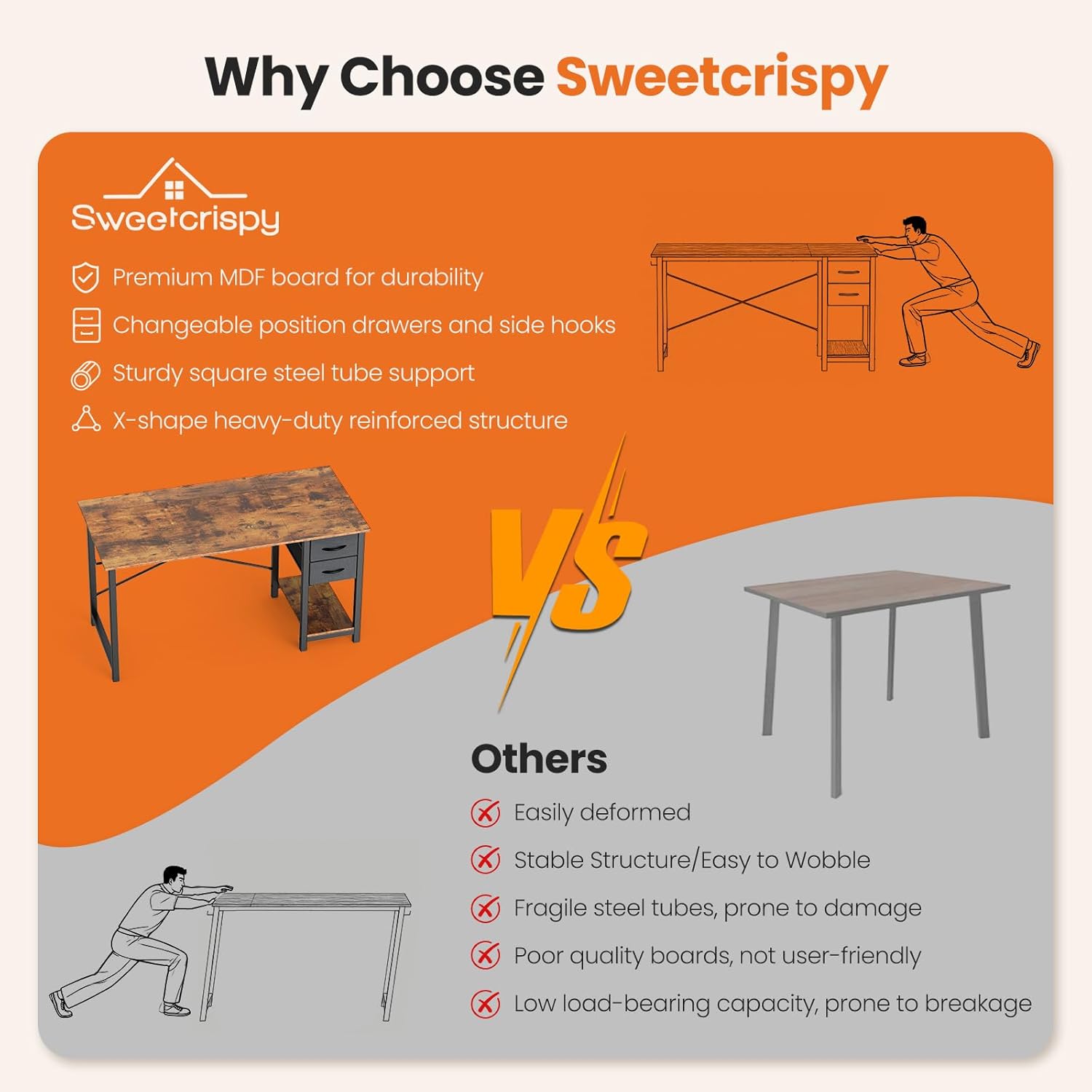 Sweetcrispy 40 Inch Computer Desk with Drawers for Home Office Writing Desk X Shaped Reinforcement Wood Surface Adjustable Position Modern Study Work Side Hook Metal Frame Storage Station Rust