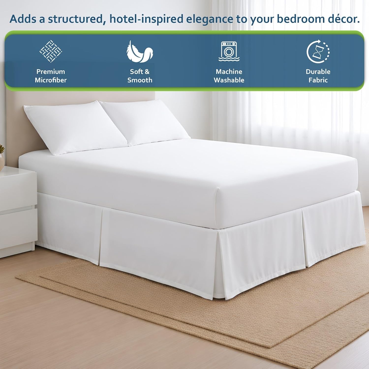 Twin Bed Skirt 18 Inch Drop, Pleated Dust Ruffle with Split Corners, 3-Sided Easy Fit Bed Skirt with Platform, Ultra-Soft Microfiber, Wrinkle Resistant, Tailored Fit, White