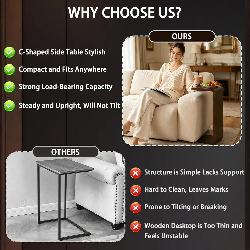 C Shaped End Table, Wooden Sofa Side Table, for Living Room, Bedroom, Office, for Laptop, Coffee, One-Piece Design Saves Space, Walnut