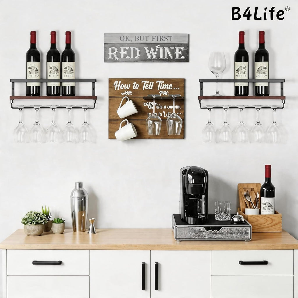 B4Life Wine Glass Holder Wall Mounted, Hanging Wine Glass Rack for Wine Bottles, Bar Shelf Wall Mounted with Stemware Hanger, Bar Glass Holder for Dining Room Home Kitchen