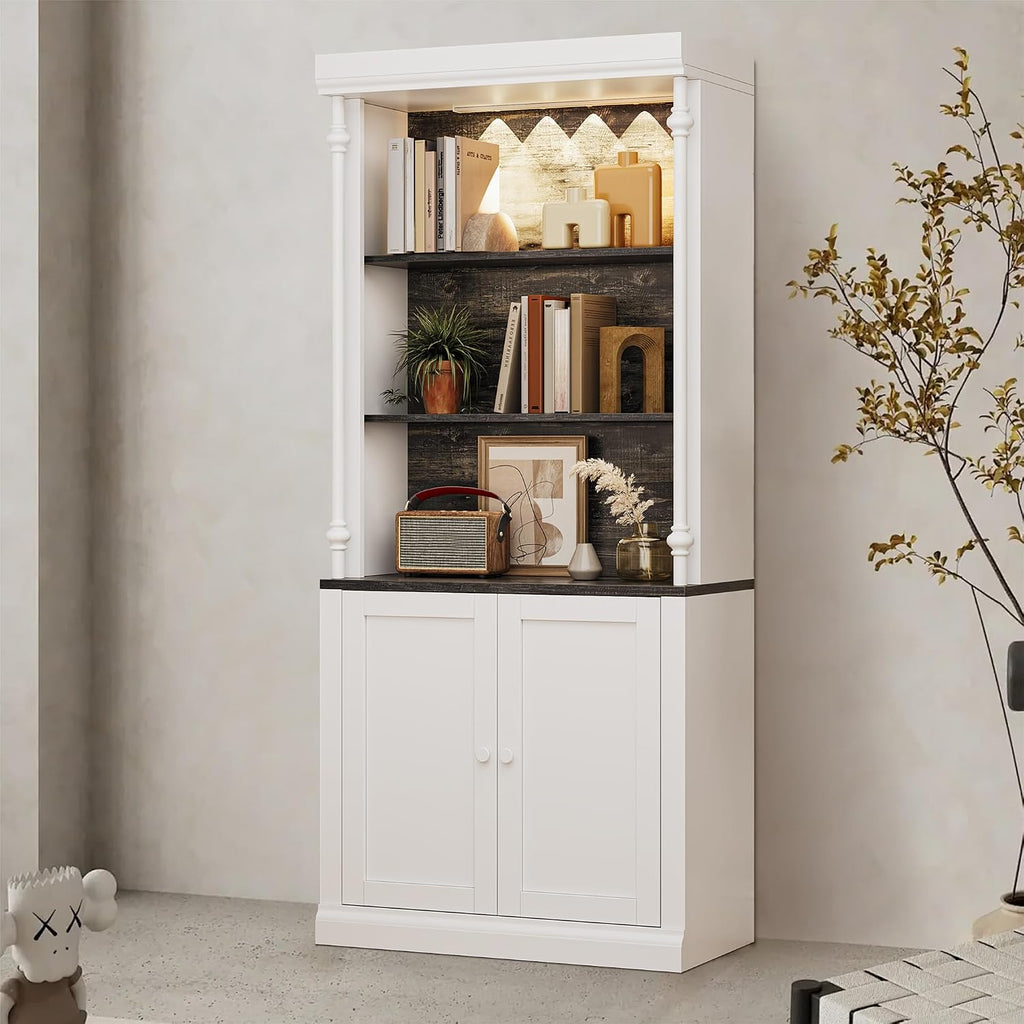 71 Inch Tall Storage Cabinet with LED Lights, Freestanding Pantry Cabinet with Double Doors and Adjustable Shelves, Roman Column Bookcase for Kitchen Dining Room Living Room