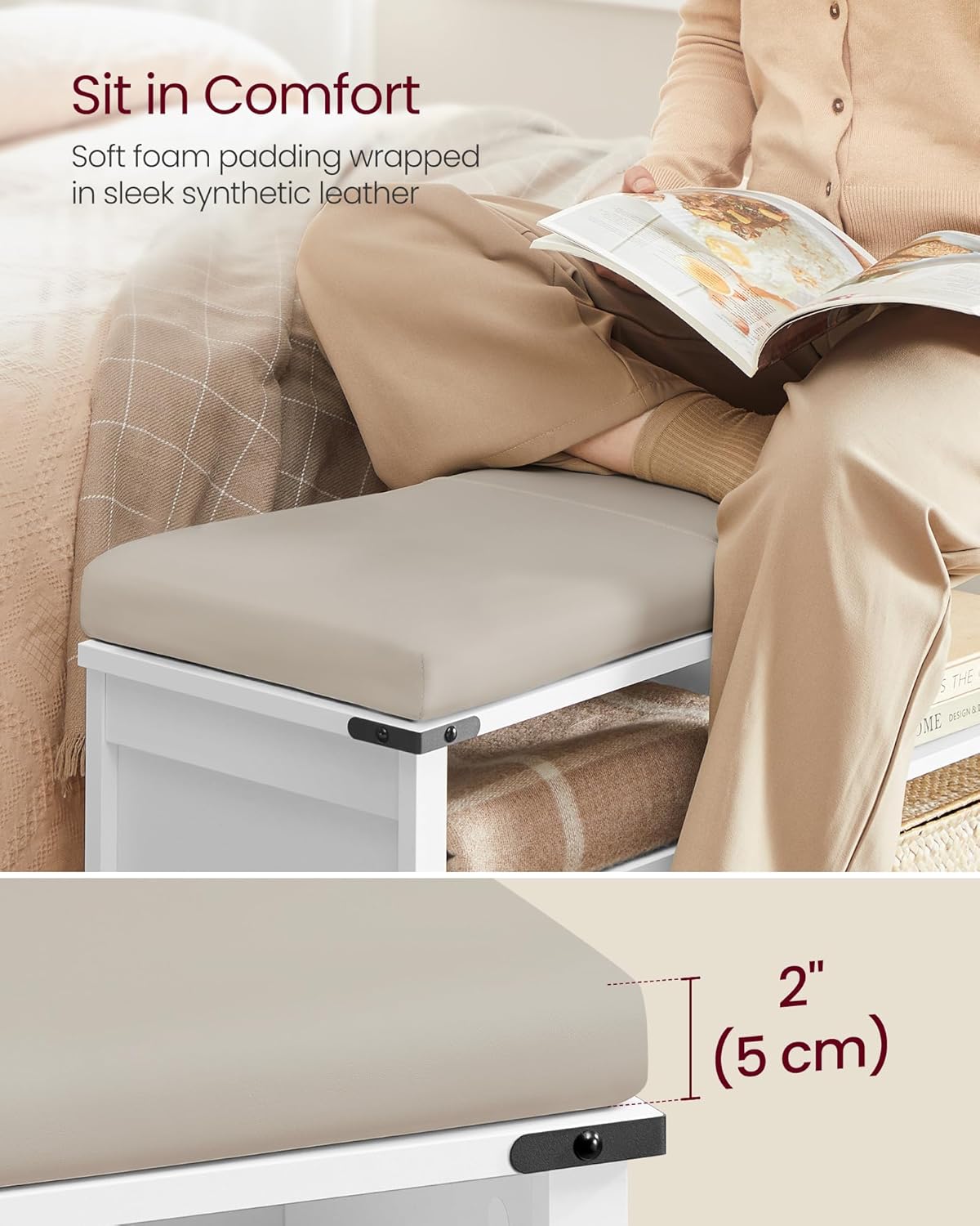 VASAGLE LIRY Collection - Shoe Storage Bench with Removable Cushion, Shoe Rack with Padded Seat, Entryway Bench with 6 Open Compartmens, Adjustable Shelves, Cloud White ULSB105W01